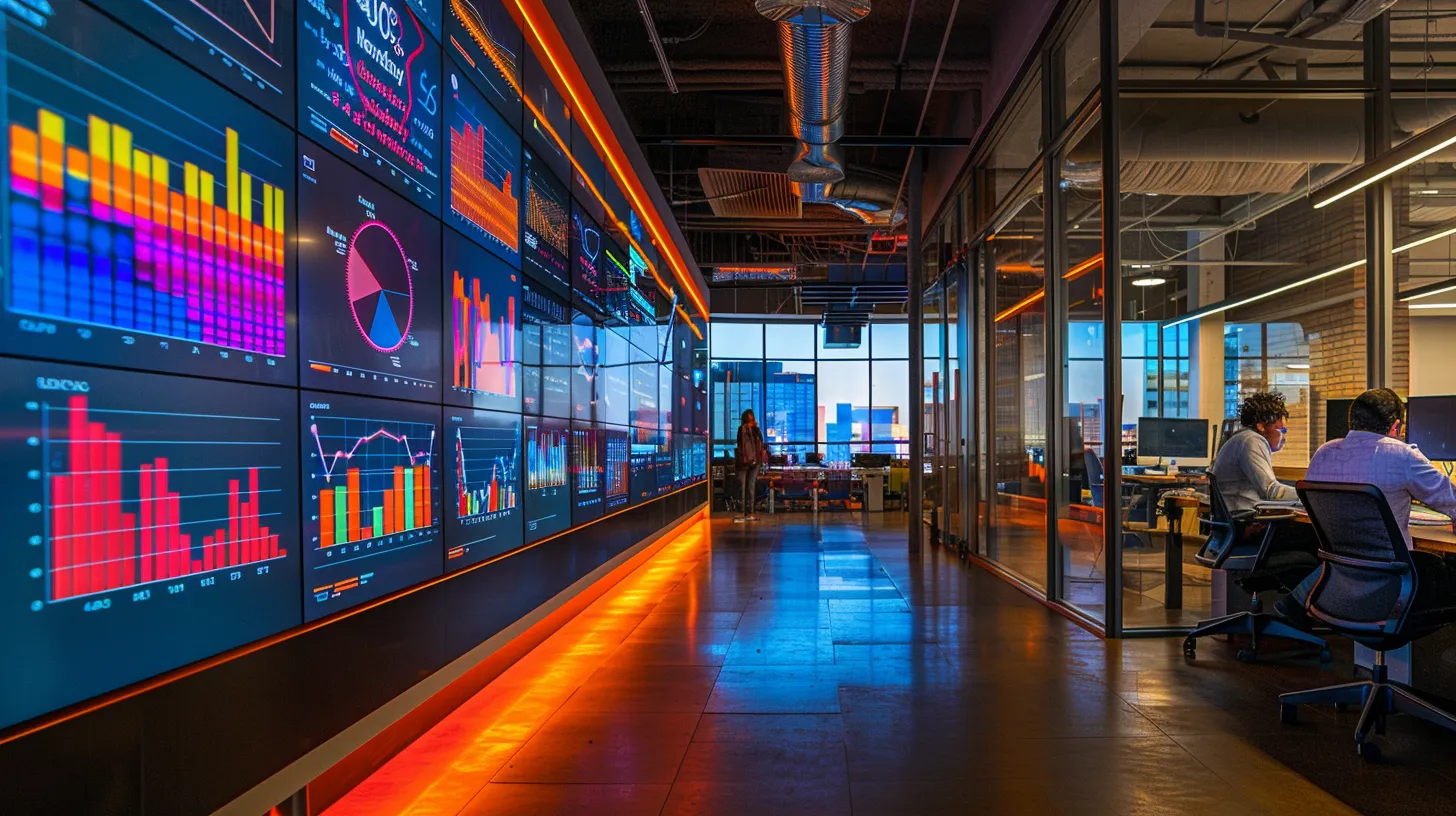 a dynamic office workspace featuring a large screen displaying vibrant data analytics and keyword graphs, with a focused professional engaged in strategising digital marketing tactics for an innovative saas company. a dynamic office workspace featuring a large screen displaying vibrant data analytics and keyword graphs, with a focused professional engaged in strategising digital marketing tactics for an innovative saas company.