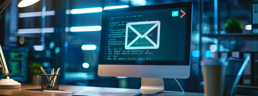 a focused shot of a sleek, modern office workspace featuring a high-tech computer monitor displaying an email client interface with an error message prominently visible, illuminated by the soft glow of ambient desk lighting.