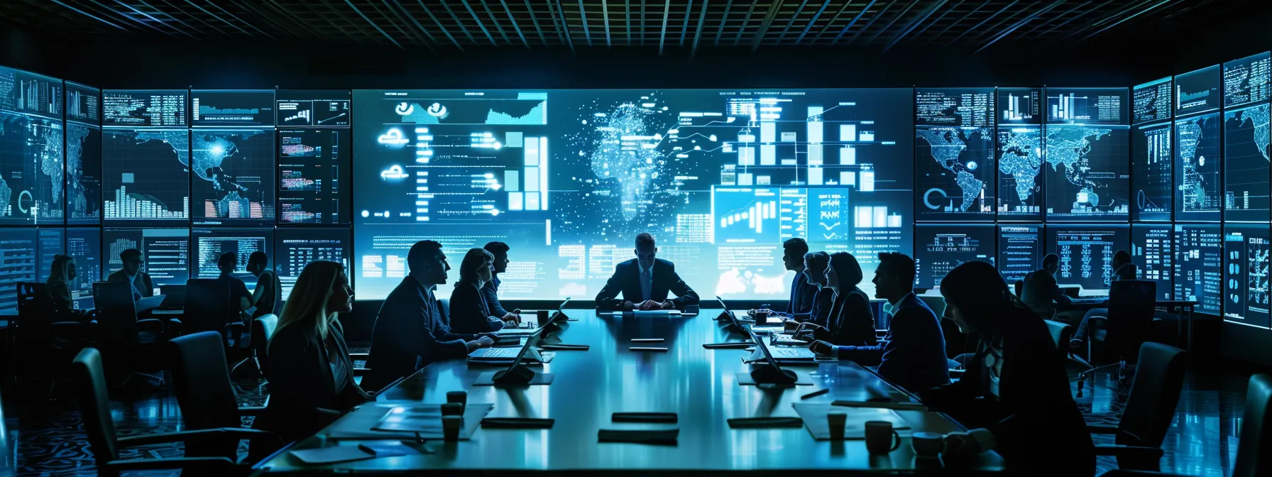 a modern office setting features a sleek conference table surrounded by professionals engaged in a heated discussion, with digital screens displaying data privacy charts and ai ethics reports, emphasizing the critical challenges and concerns in ai deployment.