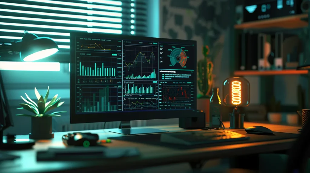 a modern office workspace featuring a sleek computer screen displaying intricate seo keyword analysis graphs and charts, illuminated by clean, artificial lighting, conveying the essence of cutting-edge digital marketing tools.