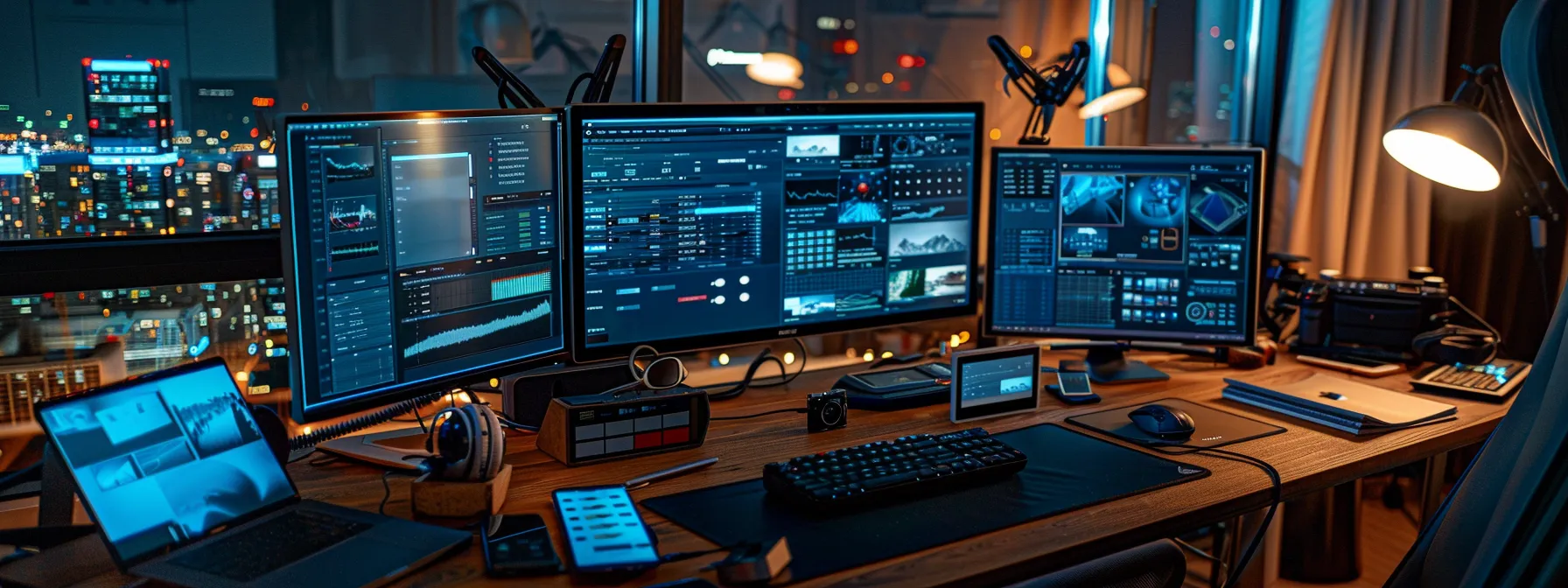 a modern office workspace showcases multiple devices—a desktop computer, a tablet, and a smartphone—displaying contrasting sync statuses on their screens, with warm artificial lighting highlighting the sleek, tech-savvy environment. a modern office workspace showcases multiple devices—a desktop computer, a tablet, and a smartphone—displaying contrasting sync statuses on their screens, with warm artificial lighting highlighting the sleek, tech-savvy environment.