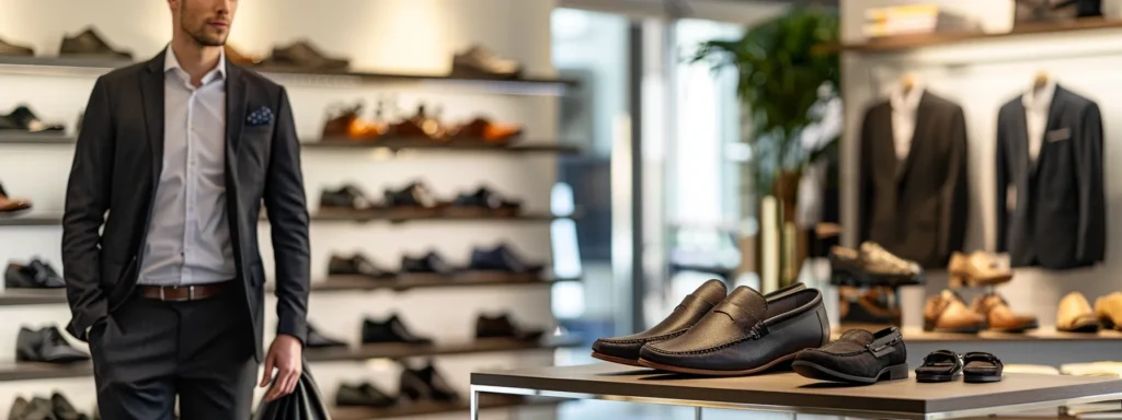 a polished office setting features a sharply dressed professional showcasing versatile black leather loafers paired with tailored chinos, while a sleek pair of derby shoes is prominently displayed nearby, embodying a blend of style and adaptability for business and evening transitions.