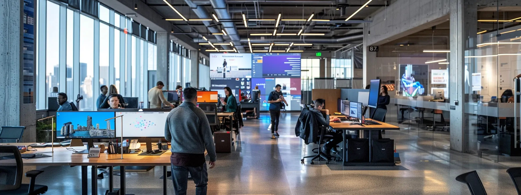 a sleek, high-tech office environment buzzes with activity as agile ai agents are visualized on multiple screens, showcasing dynamic algorithms and complex data flows that highlight emerging trends and innovations in artificial intelligence.