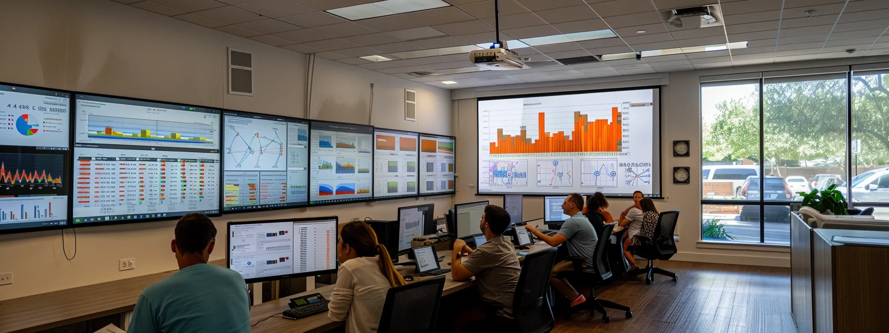 a sleek, modern office environment showcases a focused team analyzing intricate data flow diagrams on large screens, emphasizing the importance of syncing sent items for effective pr campaign management.
