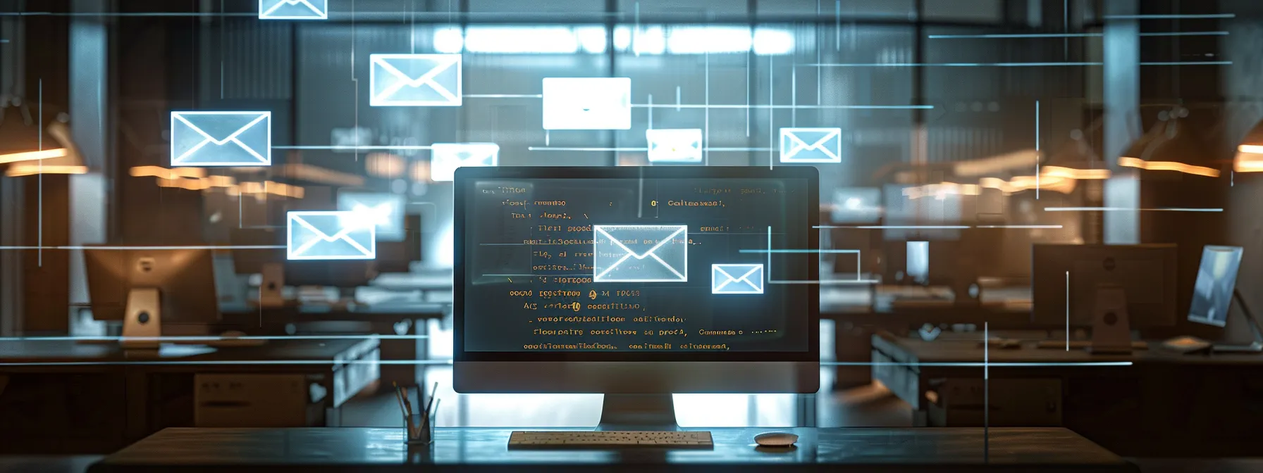 a sleek, modern office workspace features an illuminated computer screen displaying complex email authentication protocols, with digital diagrams of spf, dkim, and dmarc intricately laid out, exuding a sense of high-tech efficiency and cybersecurity expertise. a sleek, modern office workspace features an illuminated computer screen displaying complex email authentication protocols, with digital diagrams of spf, dkim, and dmarc intricately laid out, exuding a sense of high-tech efficiency and cybersecurity expertise.