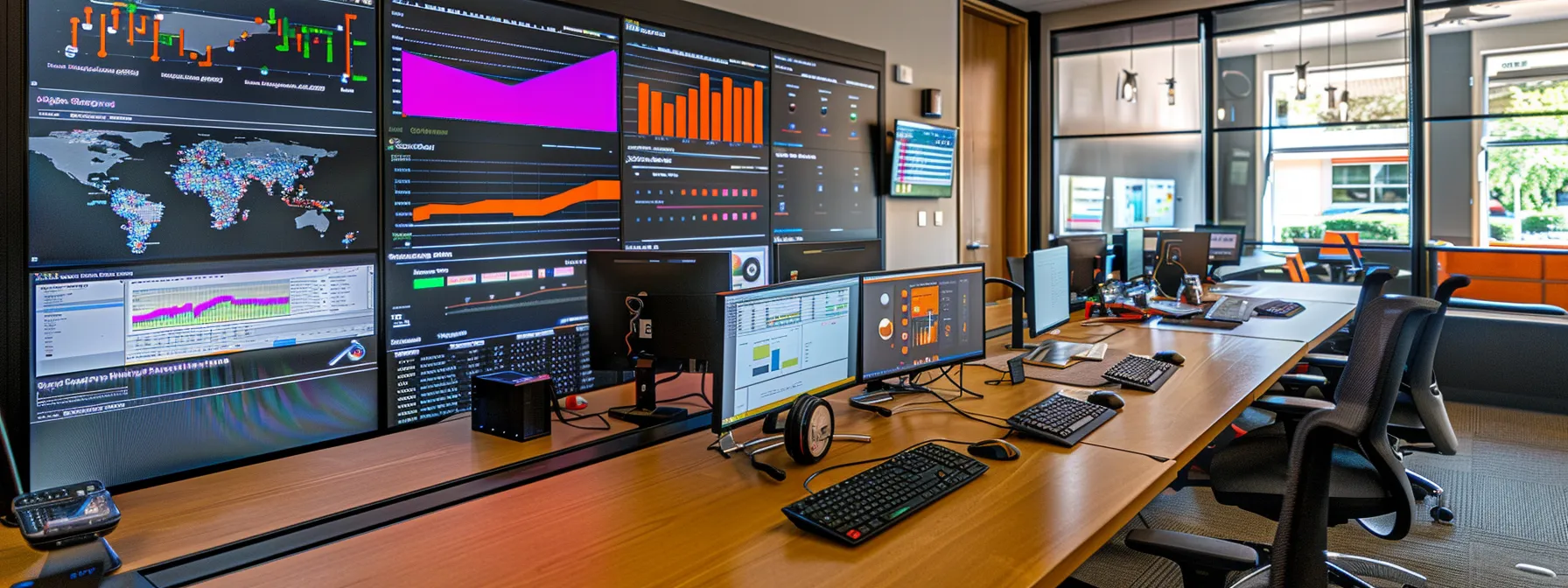 a sleek, modern office workspace features a high-tech computer setup displaying email integration software, highlighting the process of connecting an email for cold outreach with vibrant visuals of charts and digital marketing tools in the background.
