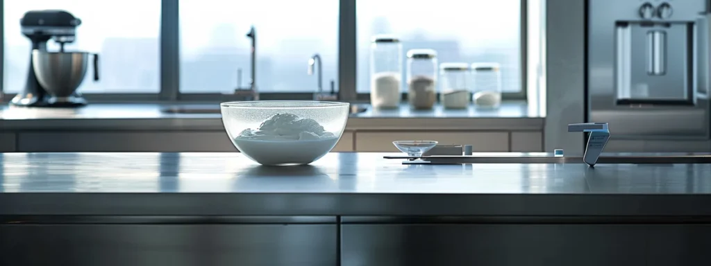 a sleek, stainless steel kitchen countertop showcases a meticulously prepared frosted glass bowl filled with a smooth, vibrant yogurt base, surrounded by precise measuring tools and a chilling fridge in the background, highlighting the artistry of frozen yogurt preparation.