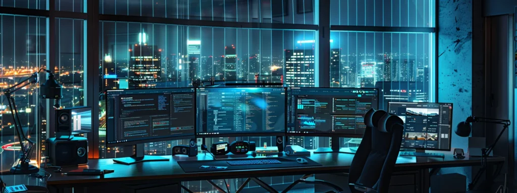 a sleek urban office setting showcases a professional focused on a large computer screen displaying an email authentication interface, surrounded by modern tech tools, emphasizing the meticulous process of setting up cold email campaigns.