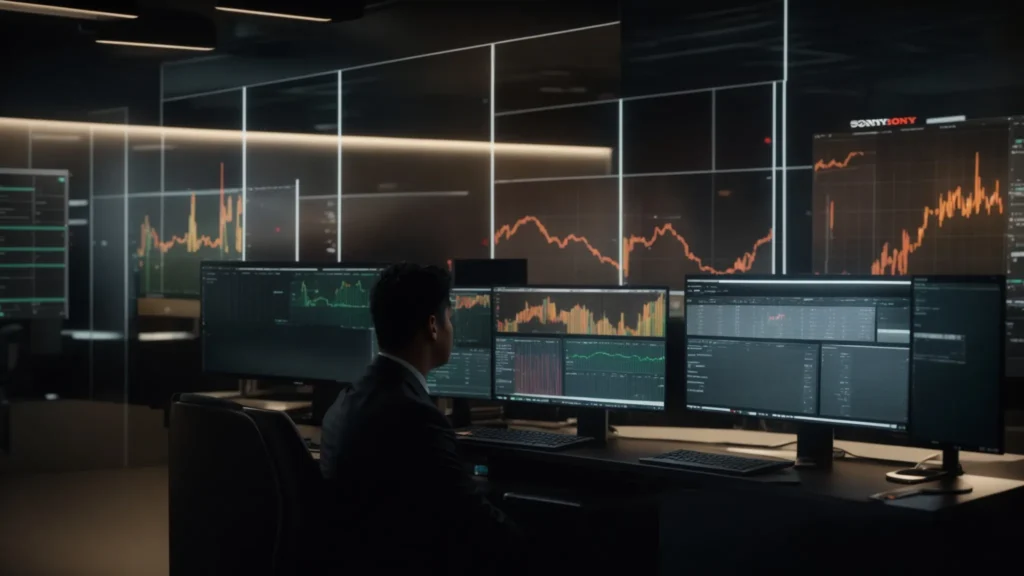 a modern office scene features an analytical professional intently examining a sleek laptop displaying detailed charts and graphs of pos system costs, surrounded by digital screens showcasing pricing models and inventory data, illuminated by soft artificial lighting.