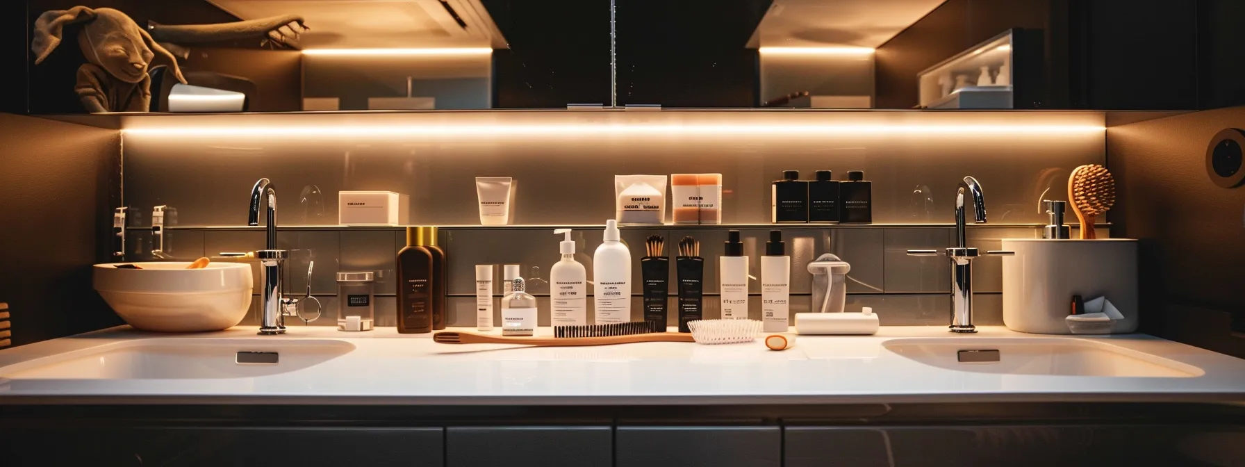 a sleek, modern grooming station with an array of organized cat grooming supplies, including various brushes, nail trimmers, shampoos, and dental care tools, illuminated by bright overhead lighting in a stylish, minimalistic indoor setting.