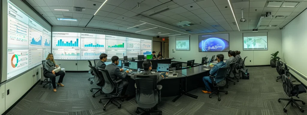una sala de conferencias moderna y bien iluminada, donde un grupo de profesionales analiza gráficos y datos en pantallas digitales, discutendo estrategias efectivas para optimizar una campaña de seo parásito.