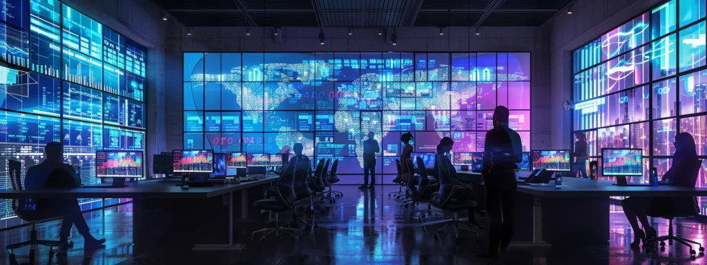 un moderno espacio de oficina con pantallas gigantes que muestran gráficos de seo y estadísticas analíticas, mientras un equipo de profesionales discute estrategias de parásito seo en una mesa de conferencias iluminada y equipada con tecnología avanzada.