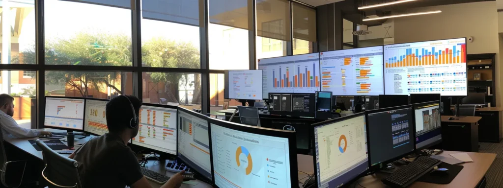 una oficina moderna con un profesional del seo analizando en su computadora gráficos y estadísticas sobre penalizaciones y estrategias de mitigación, rodeado de pantallas que muestran datos de rendimiento y tendencias del mercado digital.